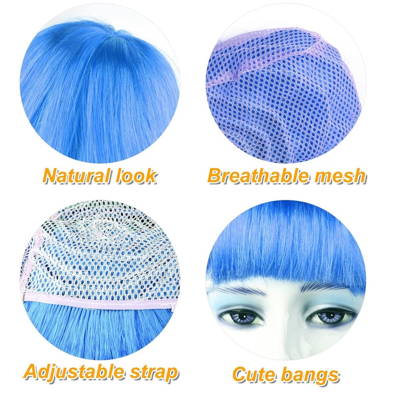 PLULON Sky Blue Bob Wig and Sunglass Set, Neon Short Bob Wig Sunglass Pack Costume Colorful Cosplay Wig Hairpieces for Bachelorette Neon Party Favors, Halloween Decorations - Image 4
